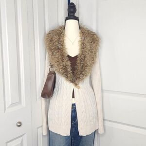 Y2K Inspired Soft N' Cozy Faux Fur Cream N' Brown Front Single Button Cardigan
